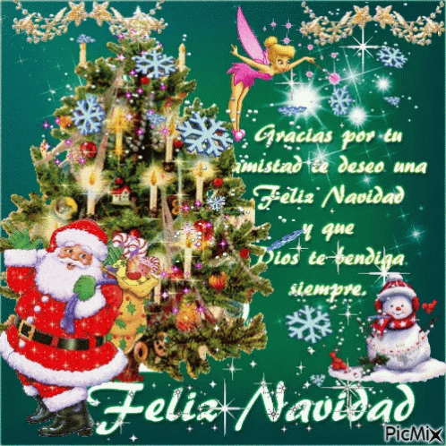 A Christmas Card That Says Feliz Navidad With Santa And Tinkerbell GIF