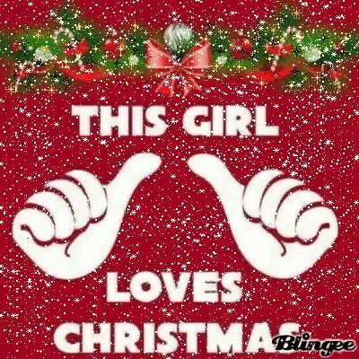 A Christmas Card That Says `` This Girl Loves Christmas '' With Two Hands On A Red Background . GIF