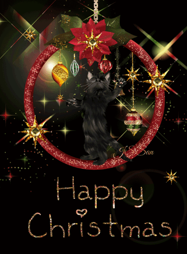 A Christmas Card With A Black Cat And The Words Happy Christmas On It GIF