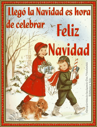 A Christmas Card With A Boy And A Girl Holding Gifts GIF