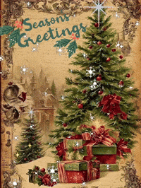 A Christmas Card With A Christmas Tree And Presents And The Words Season 'S Greetings GIF
