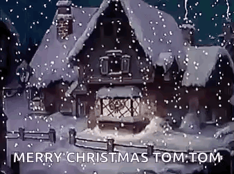 A Christmas Card With A House Covered In Snow And The Words `` Merry Christmas Tom Tom '' GIF