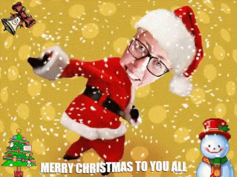A Christmas Card With A Man Dressed As Santa Claus GIF