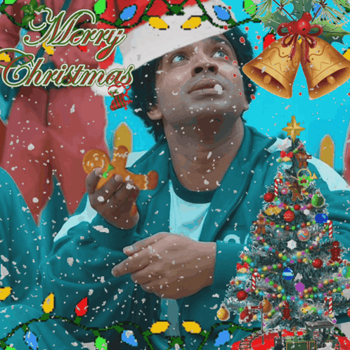 A Christmas Card With A Man Holding Gingerbread Cookies And The Words Merry Christmas GIF