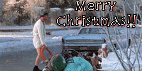 A Christmas Card With A Man Pushing A Pile Of Trash GIF