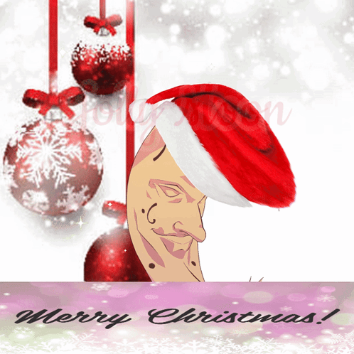 A Christmas Card With A Man Wearing A Santa Hat And The Words Merry Christmas On The Bottom GIF