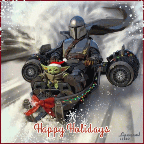 A Christmas Card With A Mandalorian And Baby Yoda On A Sled GIF