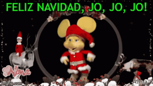 A Christmas Card With A Mouse In A Santa Suit And The Words Feliz Navidad Jo Jo Jo GIF