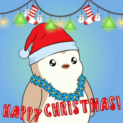 A Christmas Card With A Penguin Wearing A Santa Hat And A Blue Flower Lei GIF