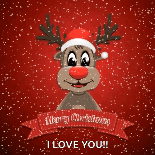 A Christmas Card With A Reindeer Wearing A Santa Hat And A Banner That Says Merry Christmas I Love You GIF