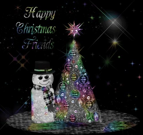 A Christmas Card With A Snowman And A Christmas Tree GIF