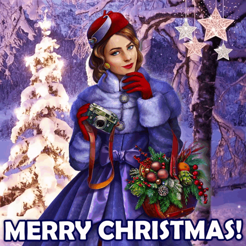 A Christmas Card With A Woman Holding A Camera And A Basket Of Flowers GIF