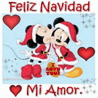 a christmas card with mickey mouse and minnie mouse kissing and the words feliz navidad mi amor