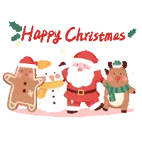 a christmas card with santa claus , a gingerbread man , a reindeer and a snowman