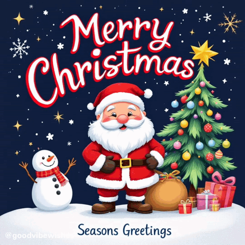 A Christmas Card With Santa Claus And A Snowman GIF