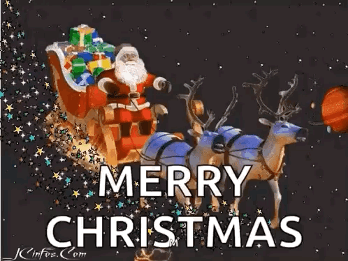 A Christmas Card With Santa Claus In A Sleigh Pulled By Reindeer And The Words Merry Christmas GIF