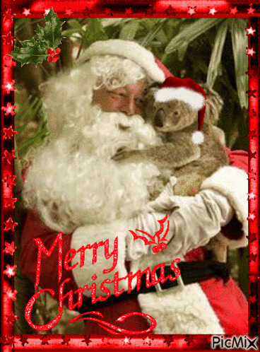 A Christmas Card With Santa Holding A Koala Bear GIF