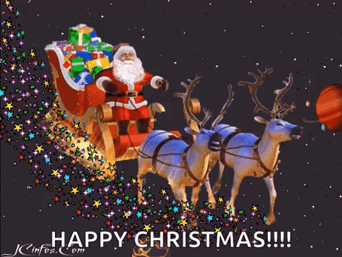 A Christmas Card With Santa In A Sleigh Pulled By Reindeer And The Words Happy Christmas GIF
