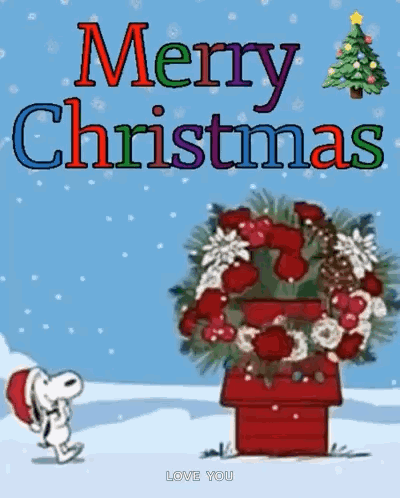 A Christmas Card With Snoopy And A Wreath And The Words Merry Christmas . GIF