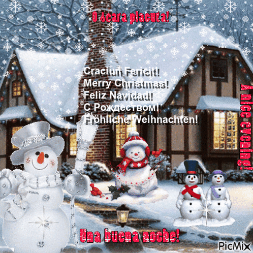 A Christmas Card With Snowmen In Front Of A House And The Words Merry Christmas GIF