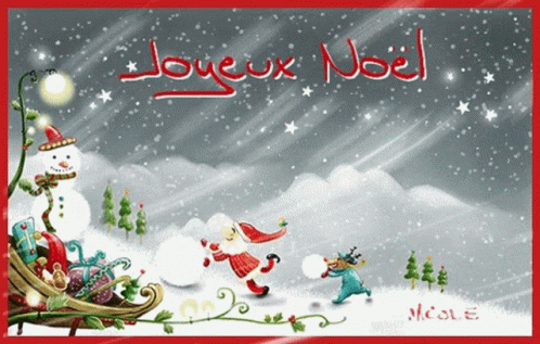 A Christmas Card With The Words Joyeux Noel Written In Red GIF