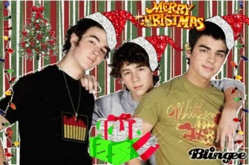 A Christmas Card With Three Boys Wearing Santa Hats GIF