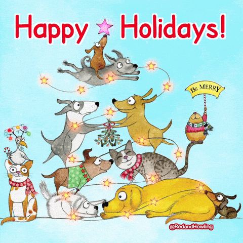 A Christmas Greeting Card With Dogs And Cats And The Words Happy Holidays GIF
