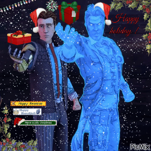 A Christmas Greeting Card With Two Men Wearing Santa Hats And Holding Presents GIF