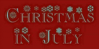 a christmas in july sign with snowflakes on a red background