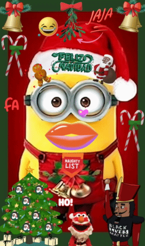 A Christmas Poster With A Minion Wearing A Santa Hat GIF