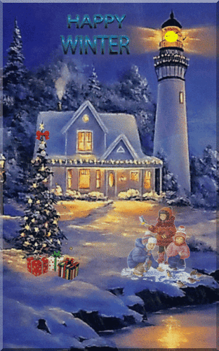 A Christmas Scene With A Lighthouse And The Words Happy Winter On The Bottom GIF