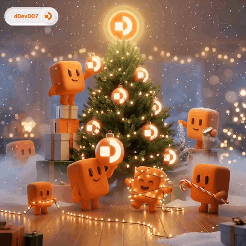 A Christmas Tree Is Decorated By A Group Of Cartoon Characters With The Letters D On Their Faces GIF