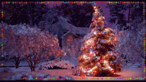 A Christmas Tree Is Lit Up In Front Of A Snowy House GIF