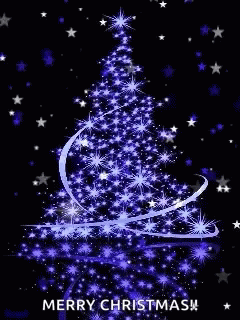 A Christmas Tree Made Of Blue Lights And Stars On A Black Background GIF