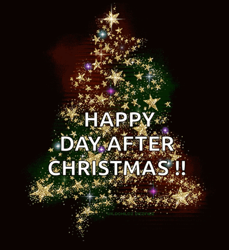 A Christmas Tree Made Of Gold Stars With The Words Happy Day After Christmas GIF