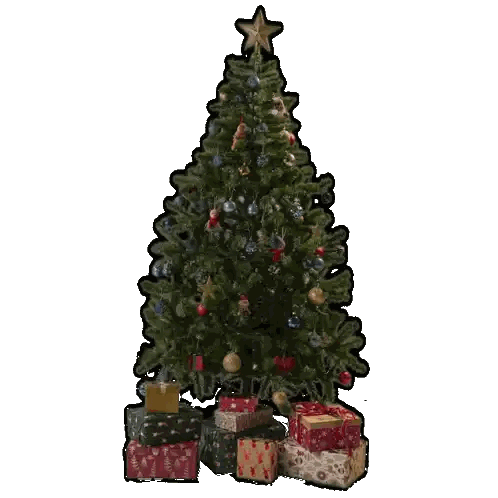 a christmas tree with a star on top and gifts underneath it