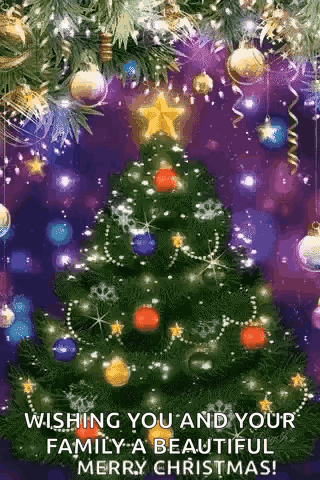 A Christmas Tree With Decorations And A Star On Top Of It GIF