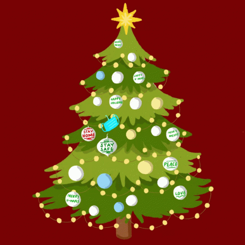 A Christmas Tree With Decorations That Say Merry Xmas And Stay Safe GIF