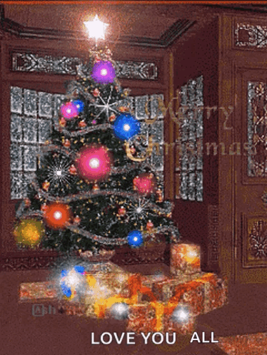 A Christmas Tree With Gifts Underneath It And The Words Love You All GIF