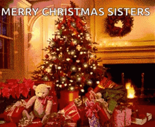A Christmas Tree With Gifts Underneath It And The Words Merry Christmas Sisters On The Bottom GIF