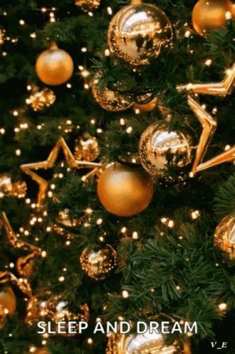A Christmas Tree With Gold Decorations And Lights And The Words `` Sleep And Dream '' . GIF