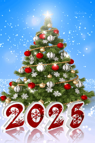 A Christmas Tree With Red And Silver Ornaments And The Year 2025 GIF