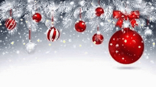 A Christmas Tree With Red And White Christmas Decorations Hanging From It . GIF