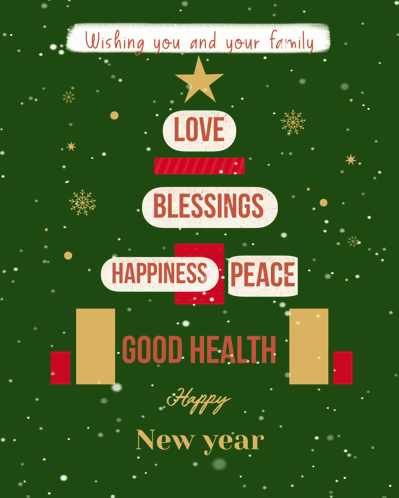 a christmas tree with the words love blessings happiness peace and good health