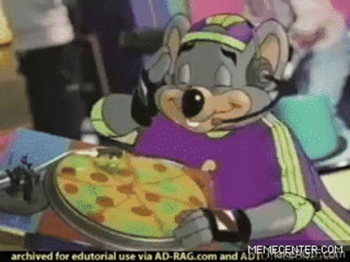 A Chuck E Cheese Mouse Is Eating A Pizza With A Fork GIF