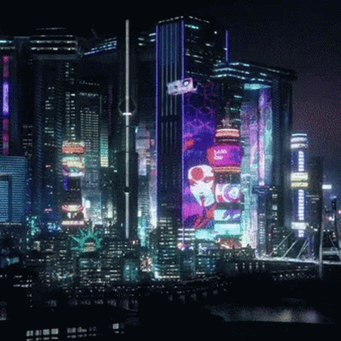 A City Skyline At Night With A Bottle Of Vodka On One Of The Tall Buildings GIF