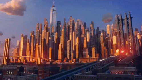 A City Skyline With A Bridge In The Foreground And The One World Trade Center In The Background GIF