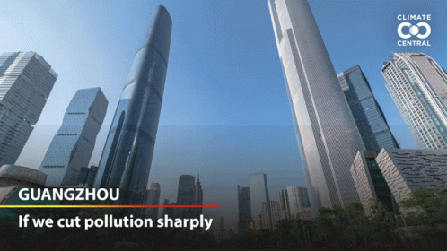 A City Skyline With The Words " If We Cut Pollution Sharply " At The Bottom GIF