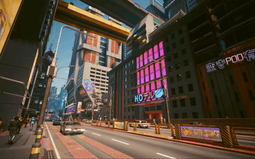 A City Street With A Sign That Says " Hotel " On It GIF