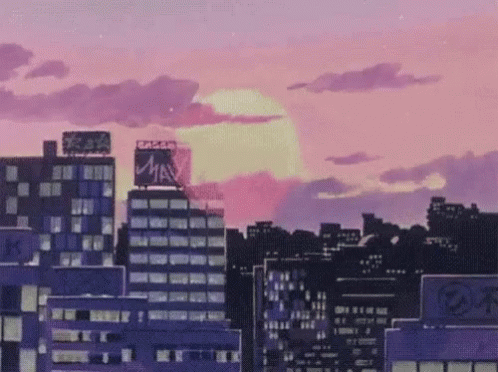 A Cityscape With A Purple Sky And A Full Moon In The Background GIF